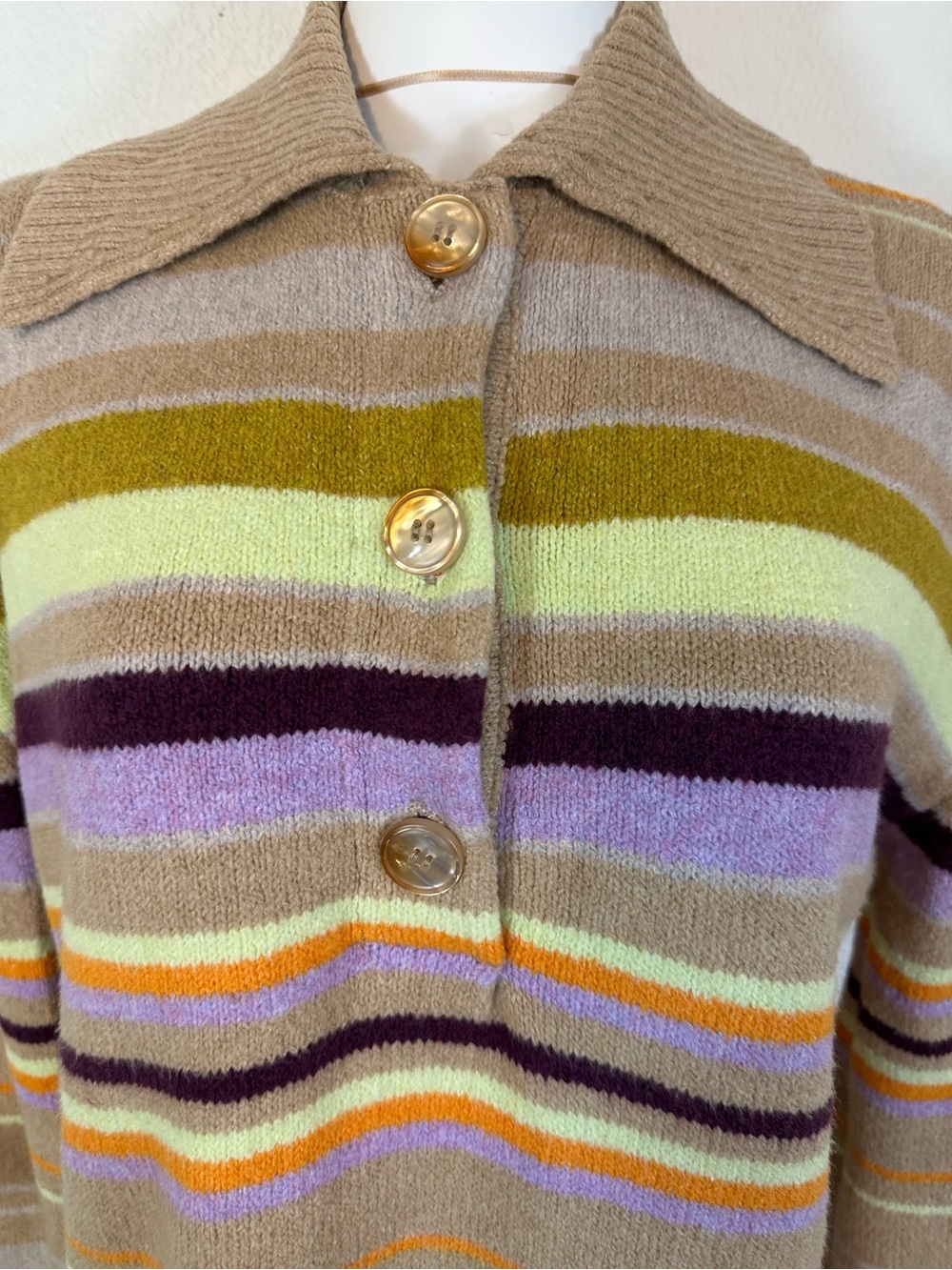 Free People Trading Up Striped Polo Sweater Tan Multi Stripe Collar Buttons S - Picture 9 of 9